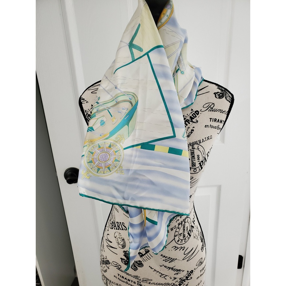 Carlisle Silk Scarf Nautical Sailboat Compass Blue White Striped Square 34in